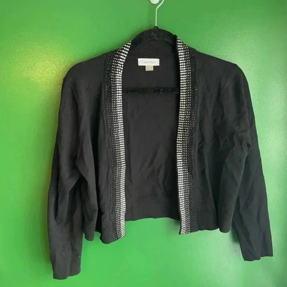 CLEARANCE!! Calvin‎ Klein Crop Cardigan Bling Rhinestones Black Size Large EUC!